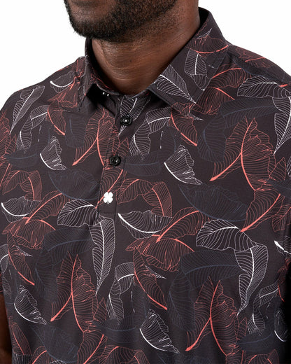 Stylish Black Palm Leaf Patterned Polo for Golf or Business