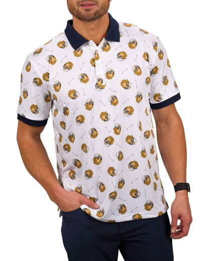 Men's White and Navy Playful Dog Pattern Polo