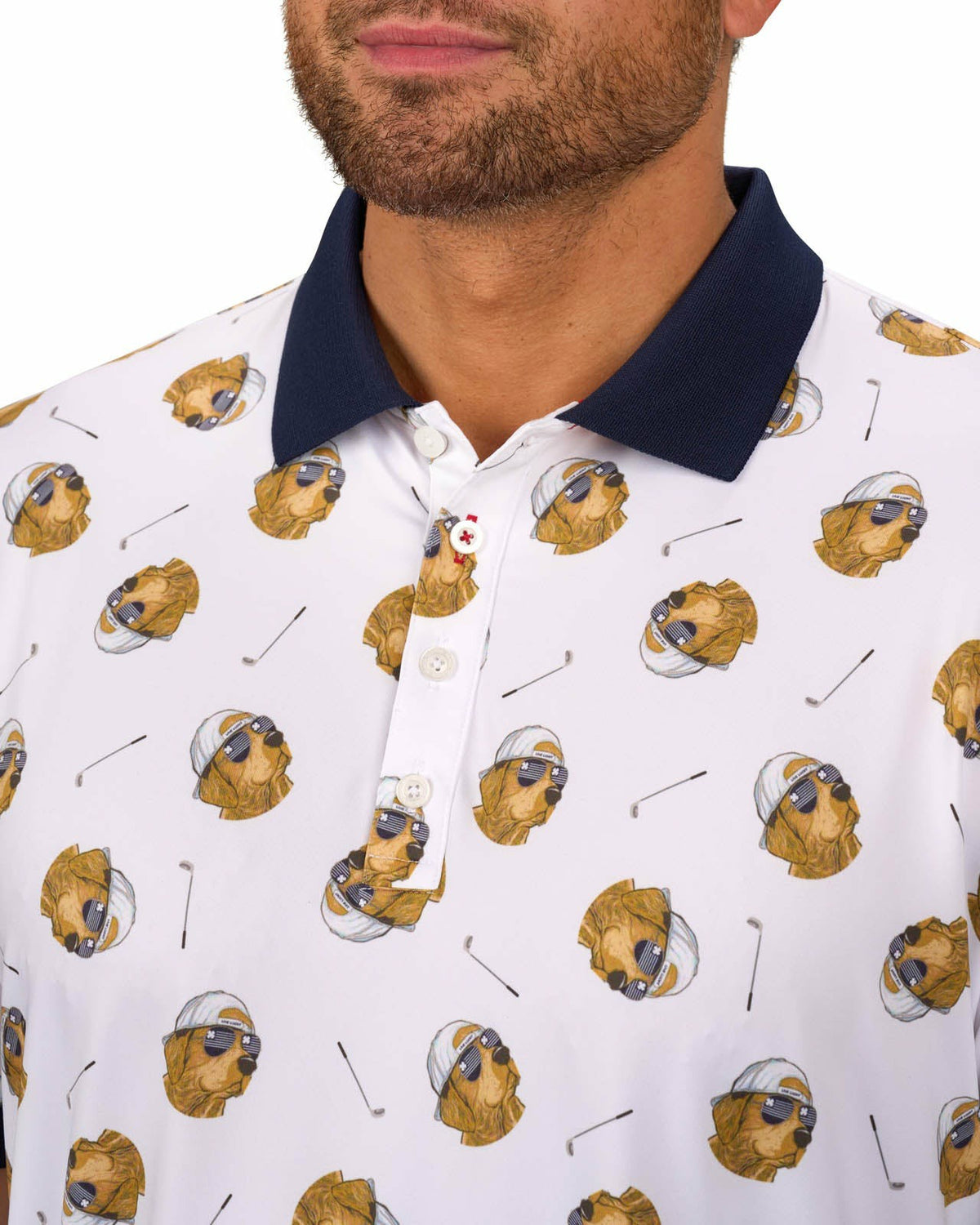 Men's White and Navy Playful Dog Pattern Polo