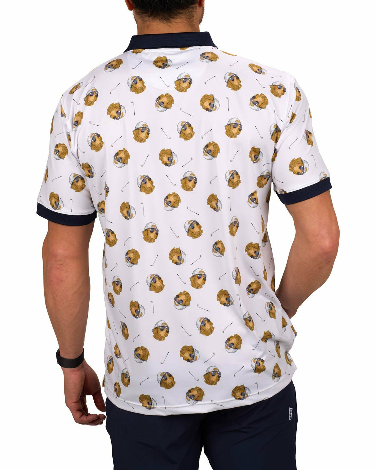 Men's White and Navy Playful Dog Pattern Polo