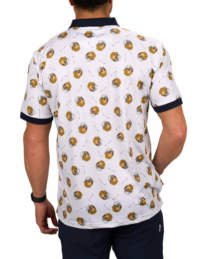 Men's White and Navy Playful Dog Pattern Polo