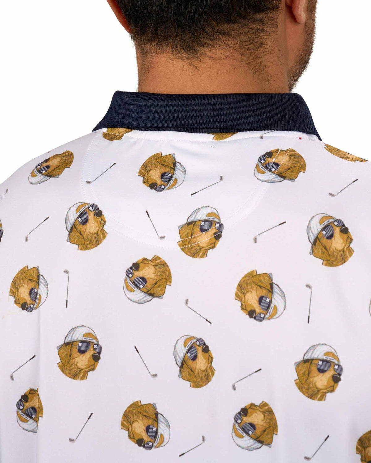 Men's White and Navy Playful Dog Pattern Polo