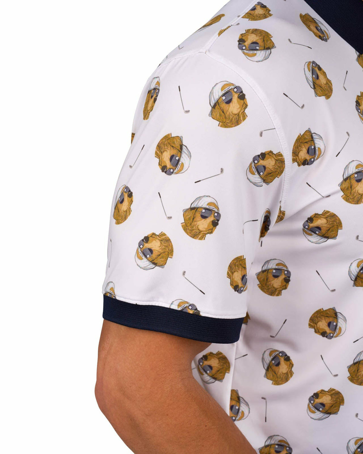 Men's White and Navy Playful Dog Pattern Polo