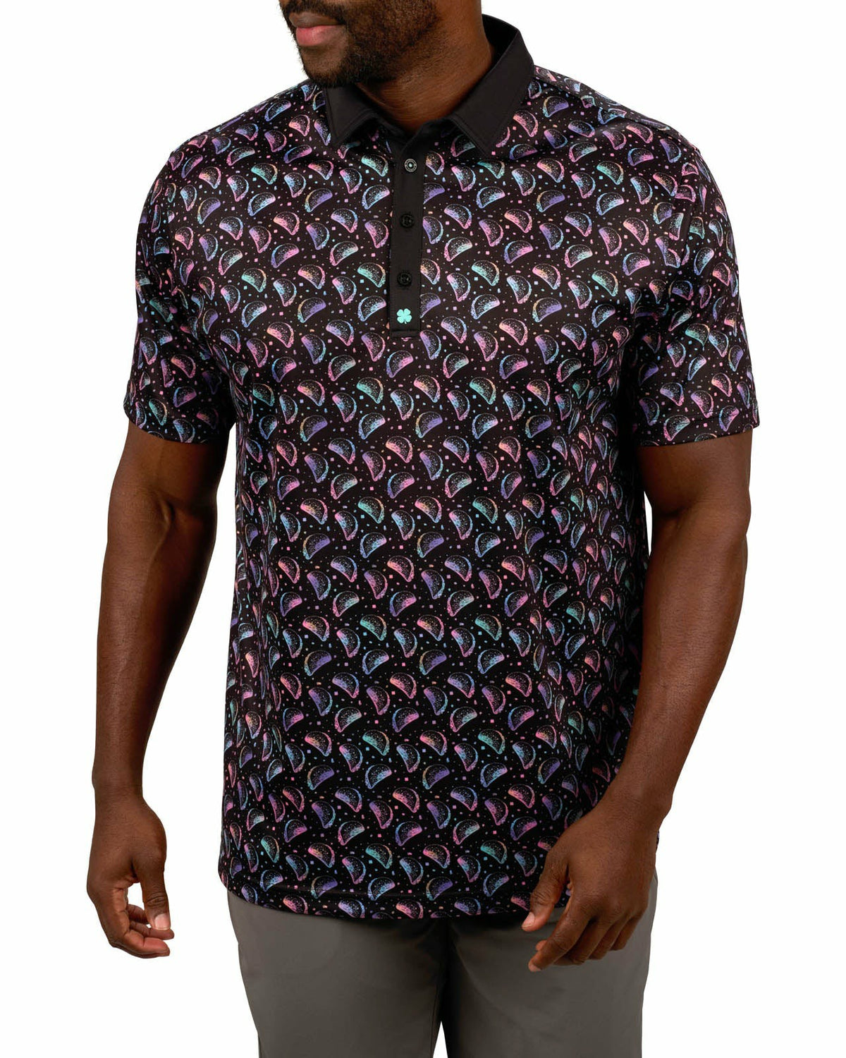 Men's Breathable Black Polo with Playful Neon Taco Print for Golf and Business