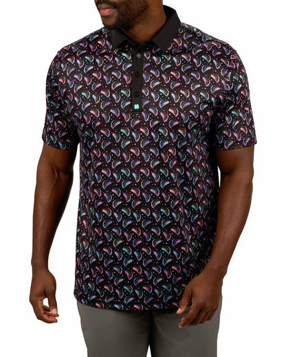 Men's Breathable Black Polo with Playful Neon Taco Print for Golf and Business