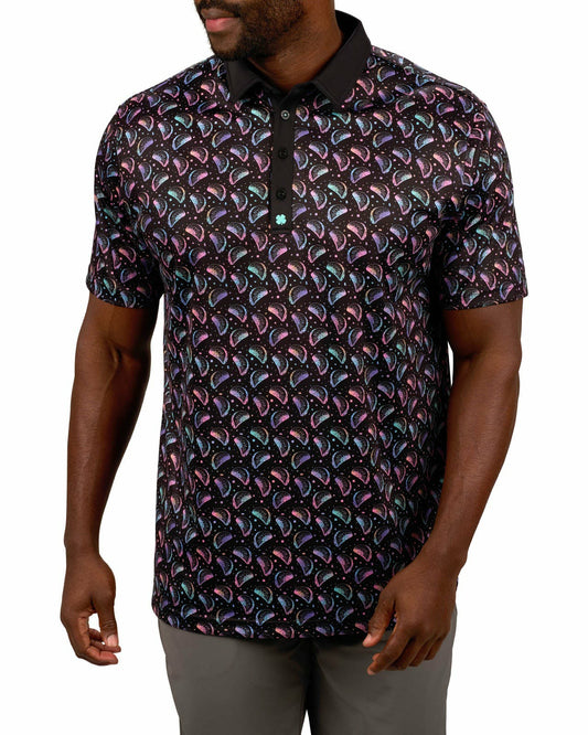 Men's Breathable Black Polo with Playful Neon Taco Print for Golf and Business