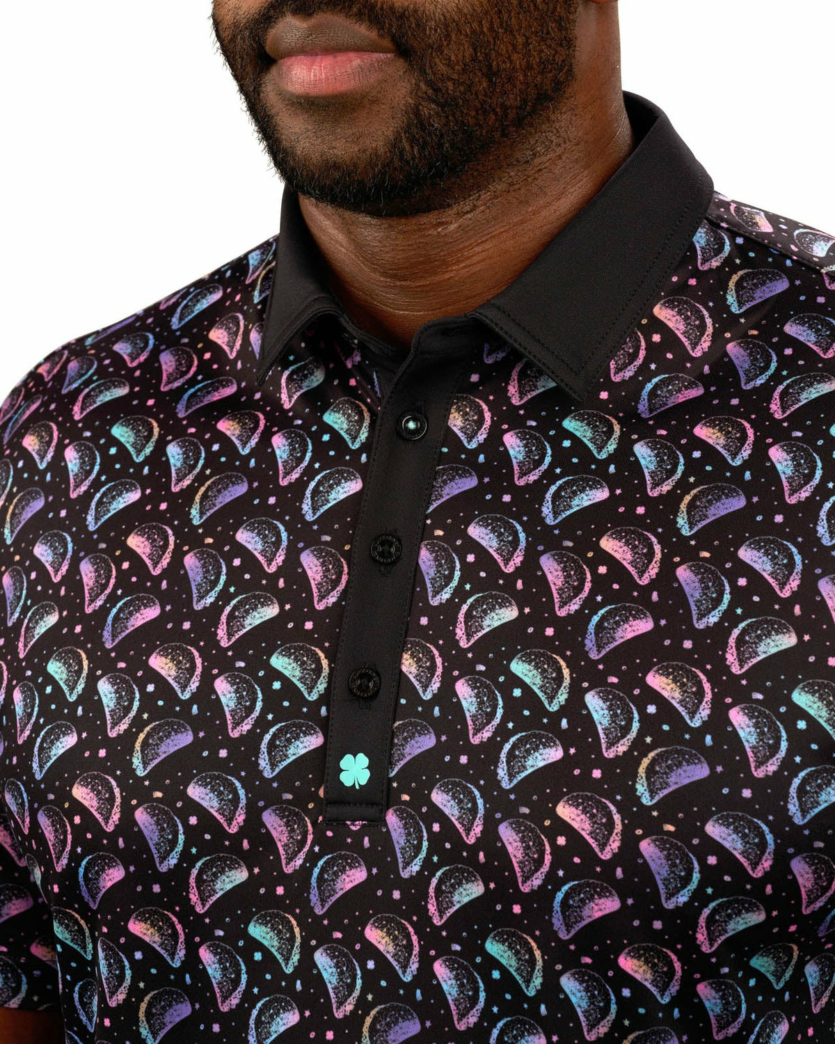 Men's Breathable Black Polo with Playful Neon Taco Print for Golf and Business