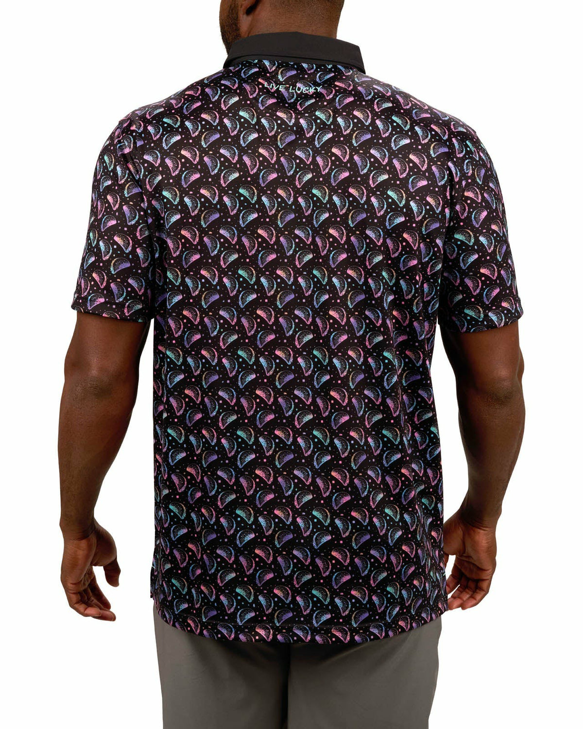 Men's Breathable Black Polo with Playful Neon Taco Print for Golf and Business