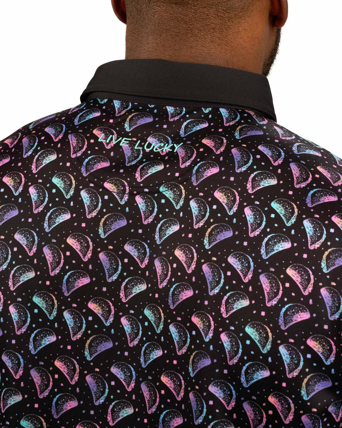 Men's Breathable Black Polo with Playful Neon Taco Print for Golf and Business