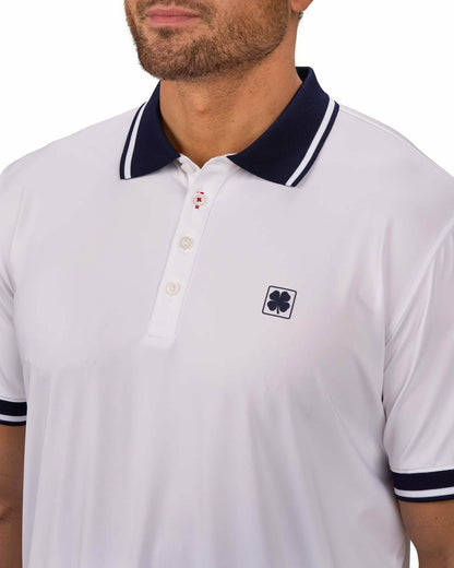 Men's Soft Solid White Polo with Navy Blue Trim Collar and Cuffs
