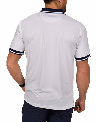 Men's Soft Solid White Polo with Navy Blue Trim Collar and Cuffs