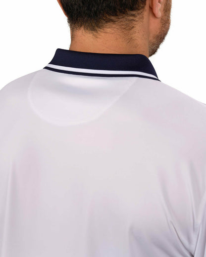 Men's Soft Solid White Polo with Navy Blue Trim Collar and Cuffs