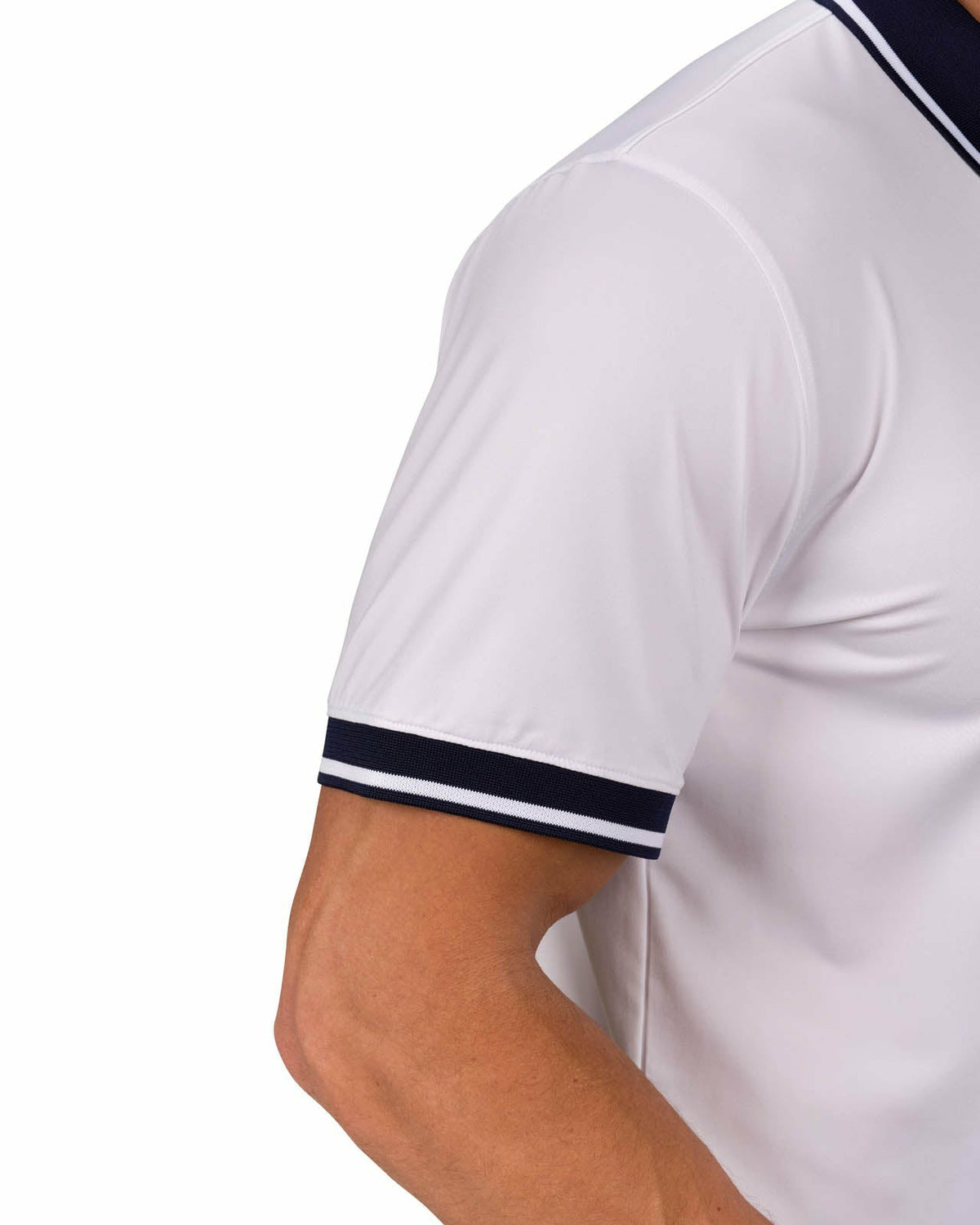 Men's Soft Solid White Polo with Navy Blue Trim Collar and Cuffs