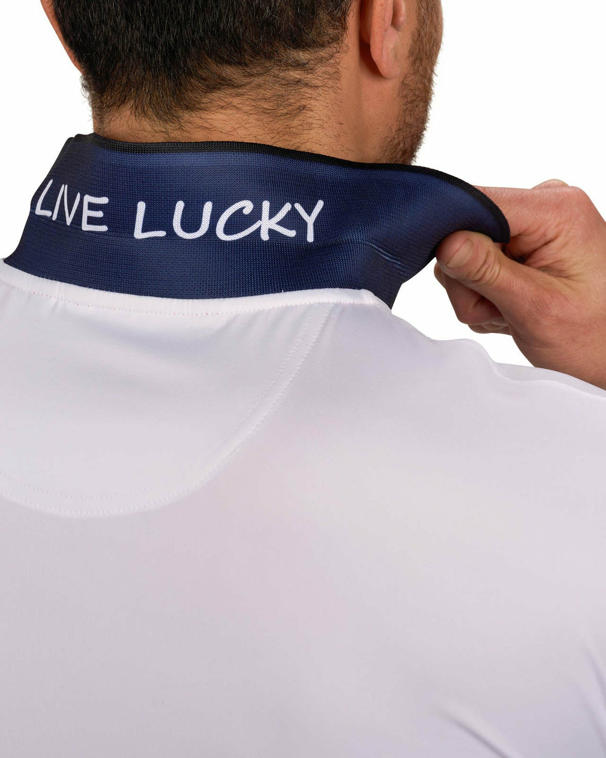 Men's Soft Solid White Polo with Navy Blue Trim Collar and Cuffs