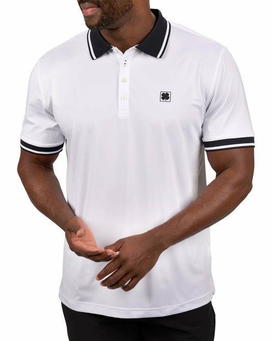 Men's Soft Solid White Polo with Black Trim Collar and Cuffs