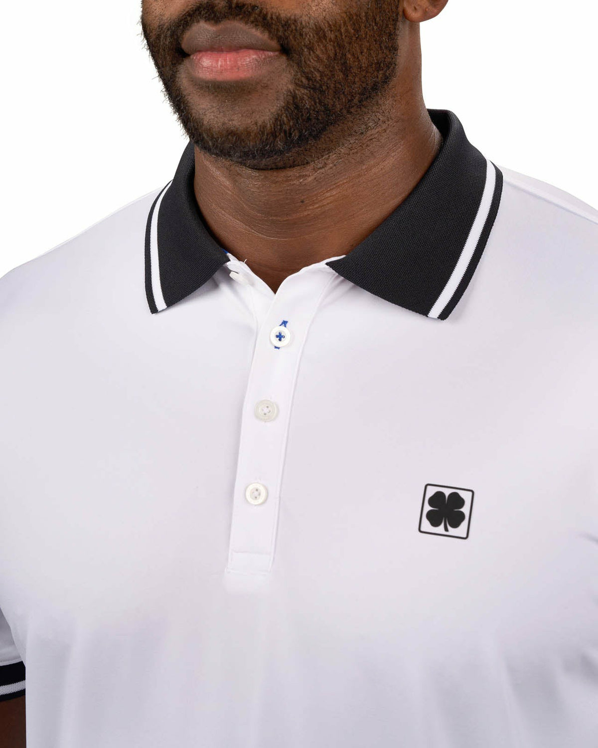 Men's Soft Solid White Polo with Black Trim Collar and Cuffs