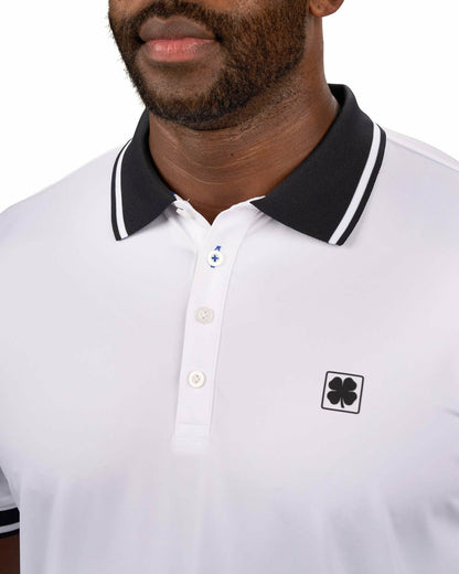Men's Soft Solid White Polo with Black Trim Collar and Cuffs