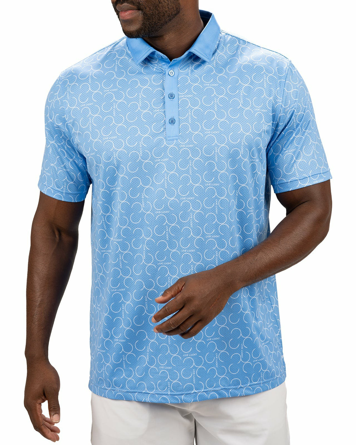 Modern Light Blue Polo with Subtle White Horseshoe Print for Business or Golf