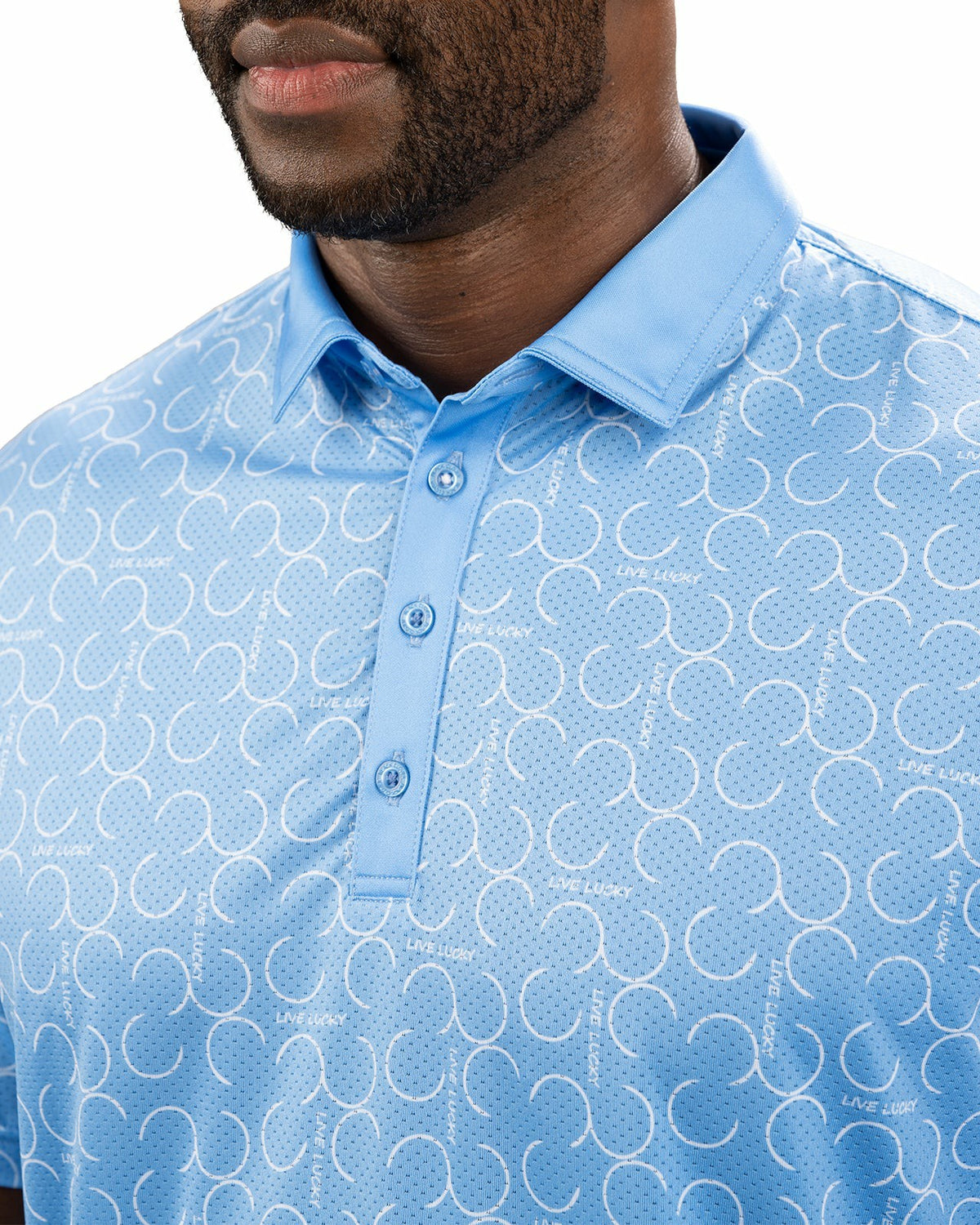 Modern Light Blue Polo with Subtle White Horseshoe Print for Business or Golf