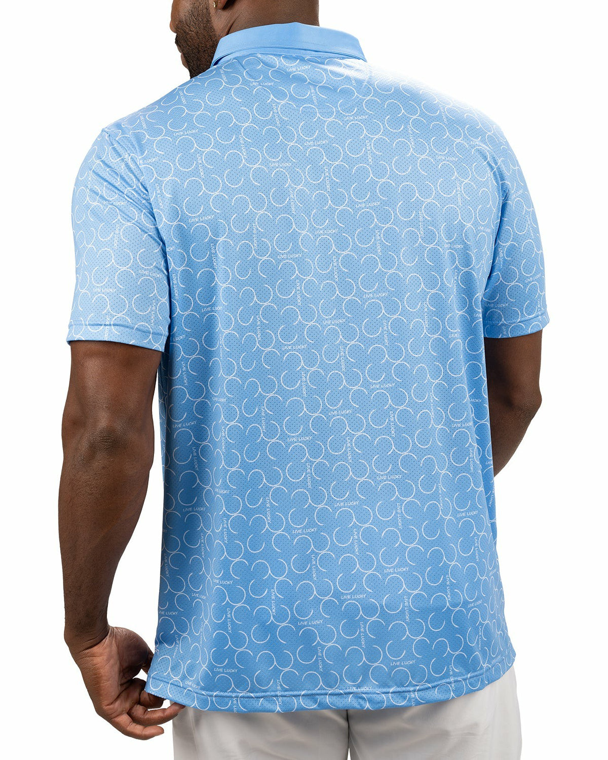 Modern Light Blue Polo with Subtle White Horseshoe Print for Business or Golf