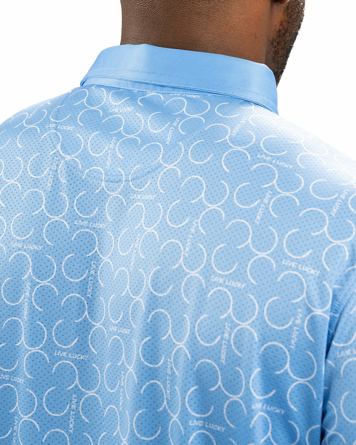 Modern Light Blue Polo with Subtle White Horseshoe Print for Business or Golf