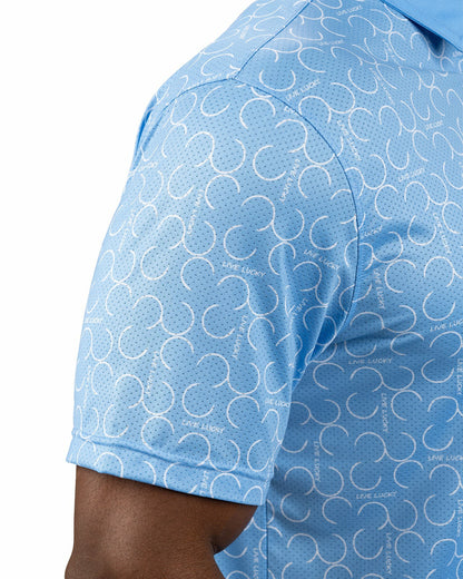 Modern Light Blue Polo with Subtle White Horseshoe Print for Business or Golf