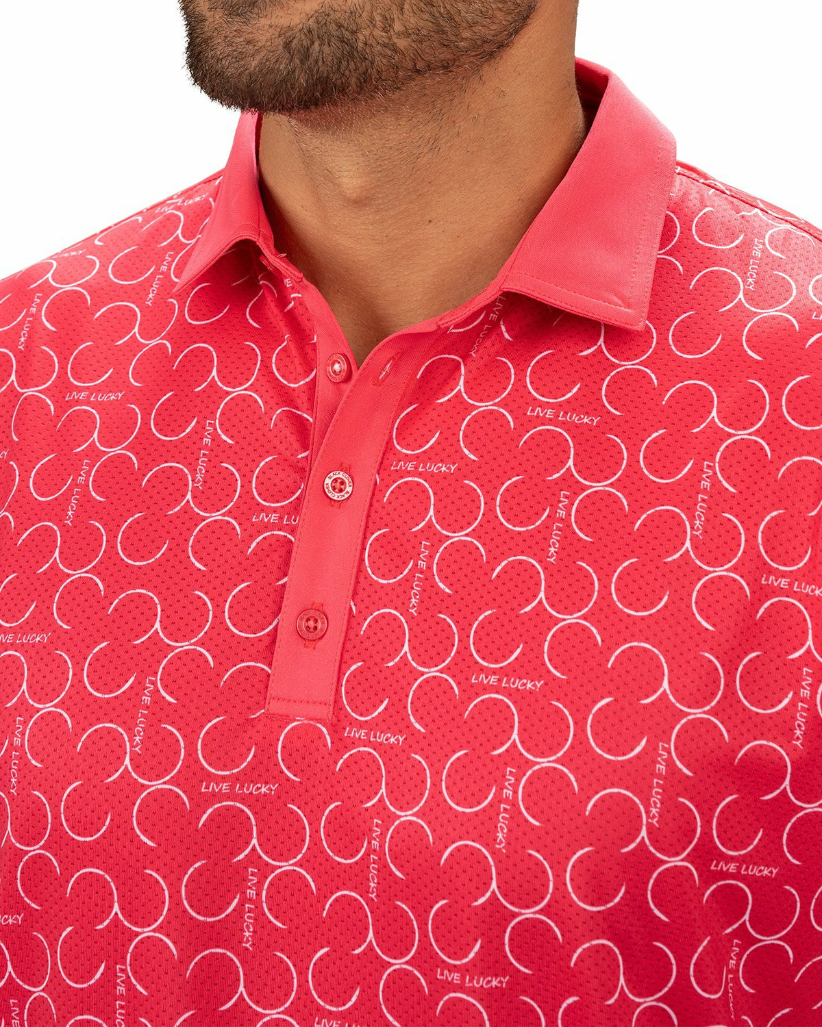 Modern Raspberry Pink Polo with Subtle White Horseshoe Print for Business or Golf
