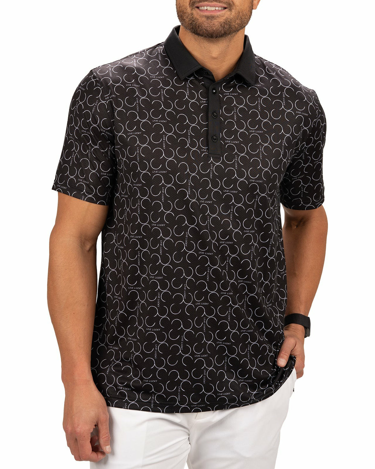 Modern Black Polo with Subtle White Horseshoe Print for Business or Golf