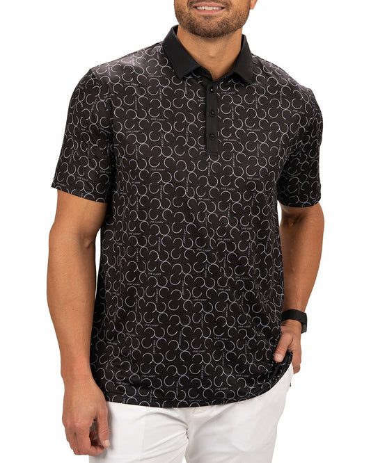 Modern Black Polo with Subtle White Horseshoe Print for Business or Golf