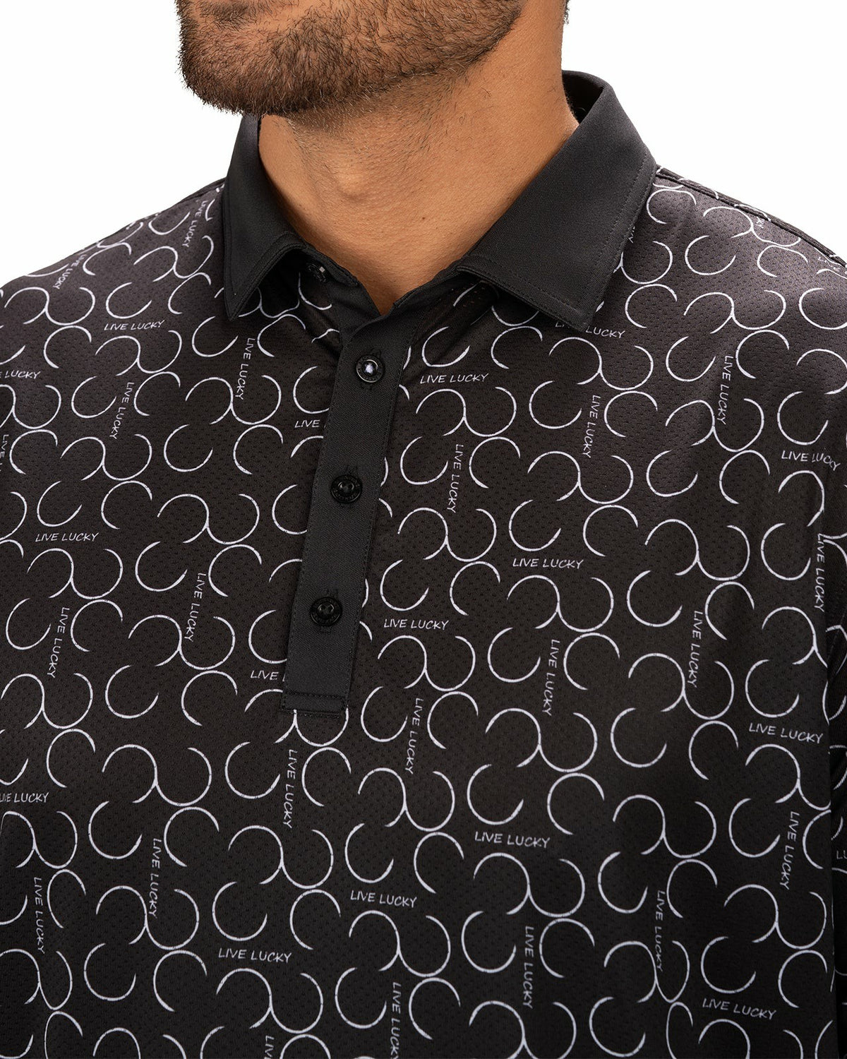 Modern Black Polo with Subtle White Horseshoe Print for Business or Golf