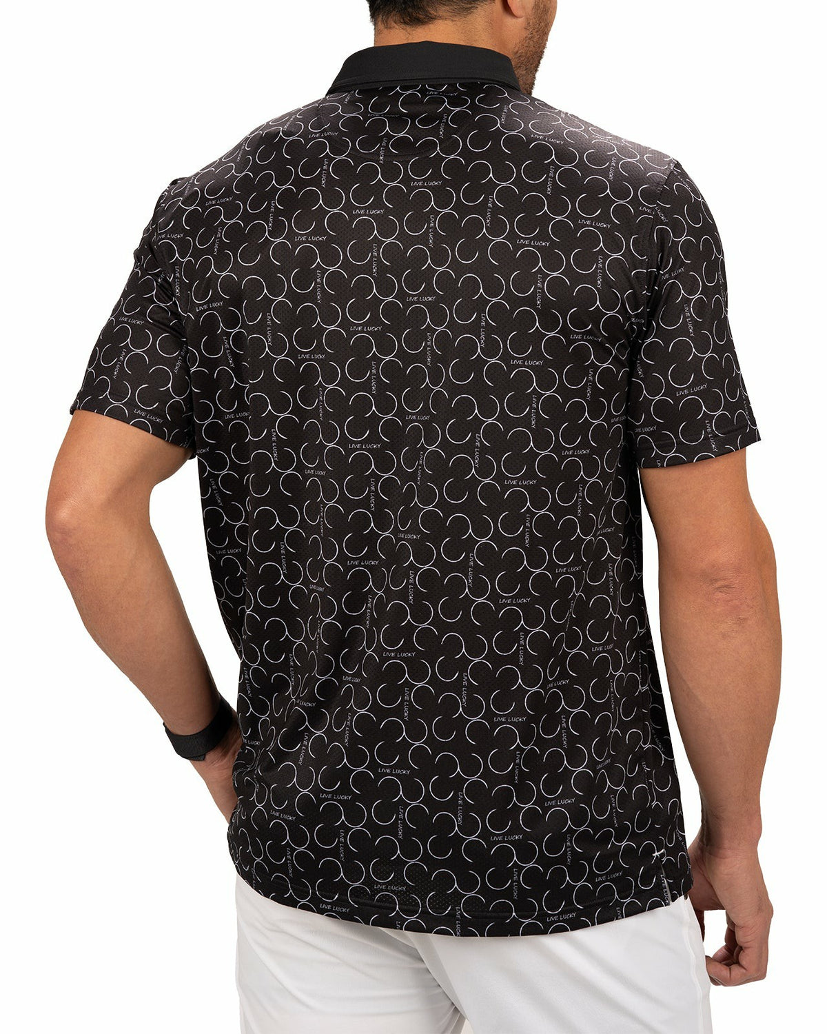Modern Black Polo with Subtle White Horseshoe Print for Business or Golf