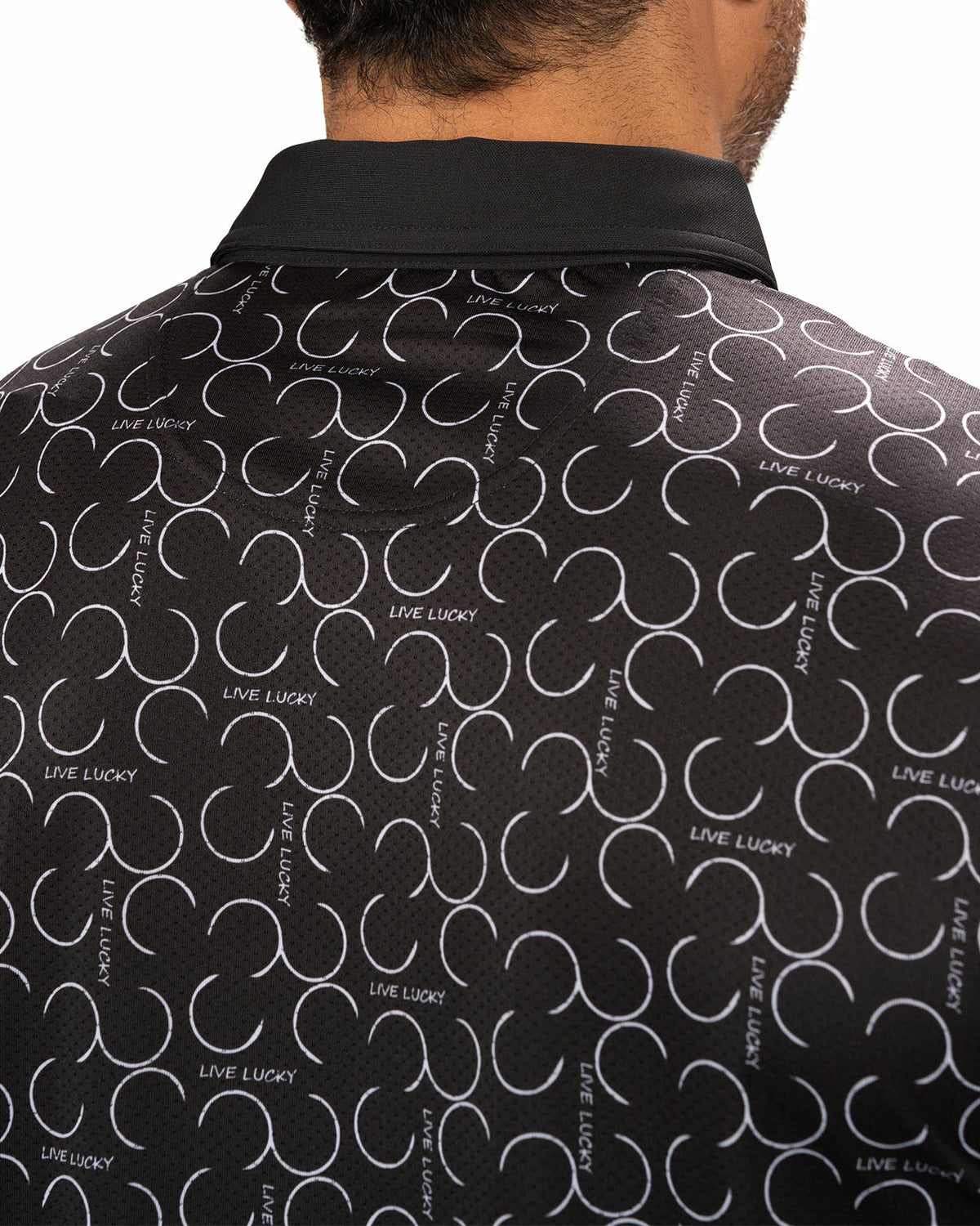 Modern Black Polo with Subtle White Horseshoe Print for Business or Golf