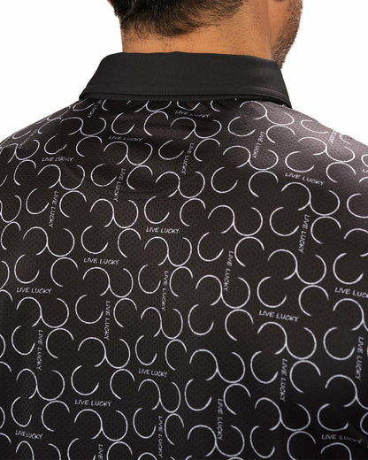 Modern Black Polo with Subtle White Horseshoe Print for Business or Golf