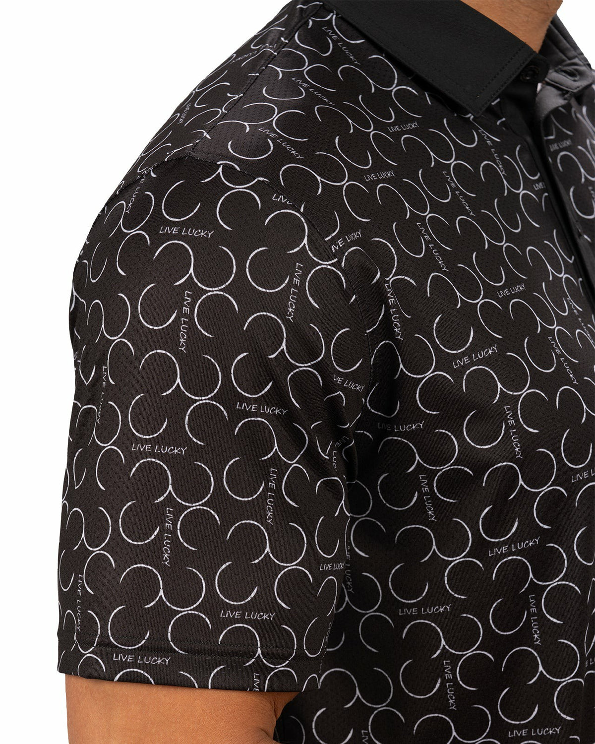 Modern Black Polo with Subtle White Horseshoe Print for Business or Golf