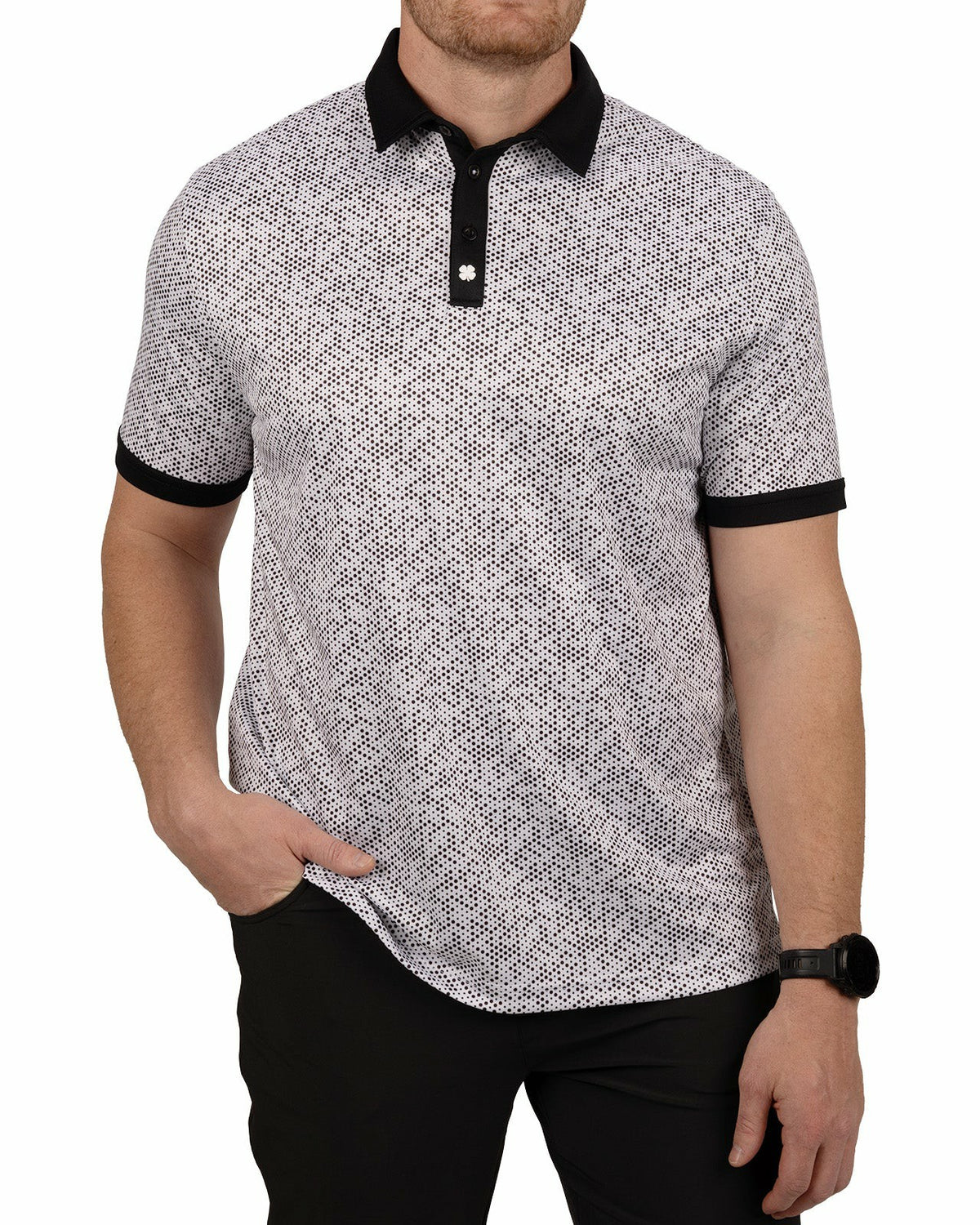 Black and White Modern Print Golf Polo with Black Collar and Placket