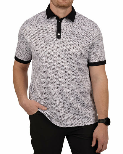 Black and White Modern Print Golf Polo with Black Collar and Placket