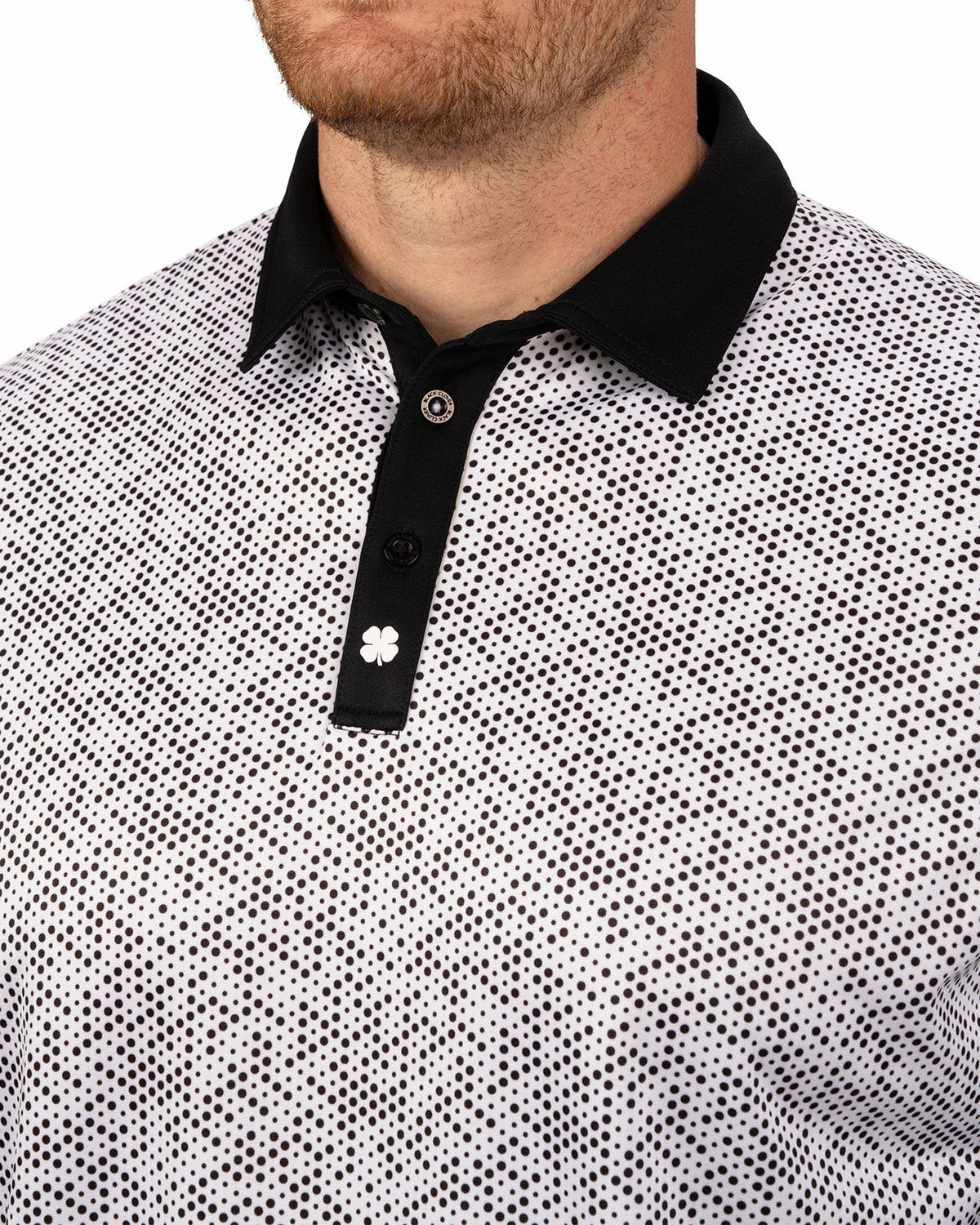 Black and White Modern Print Golf Polo with Black Collar and Placket