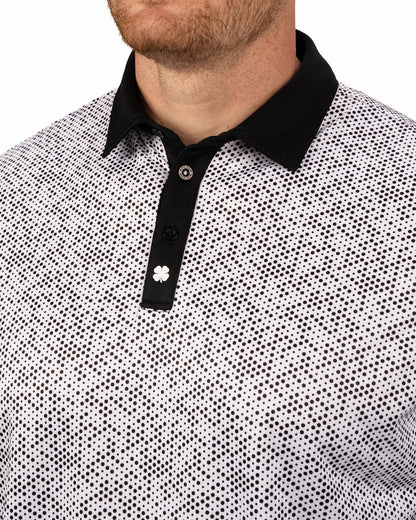Black and White Modern Print Golf Polo with Black Collar and Placket