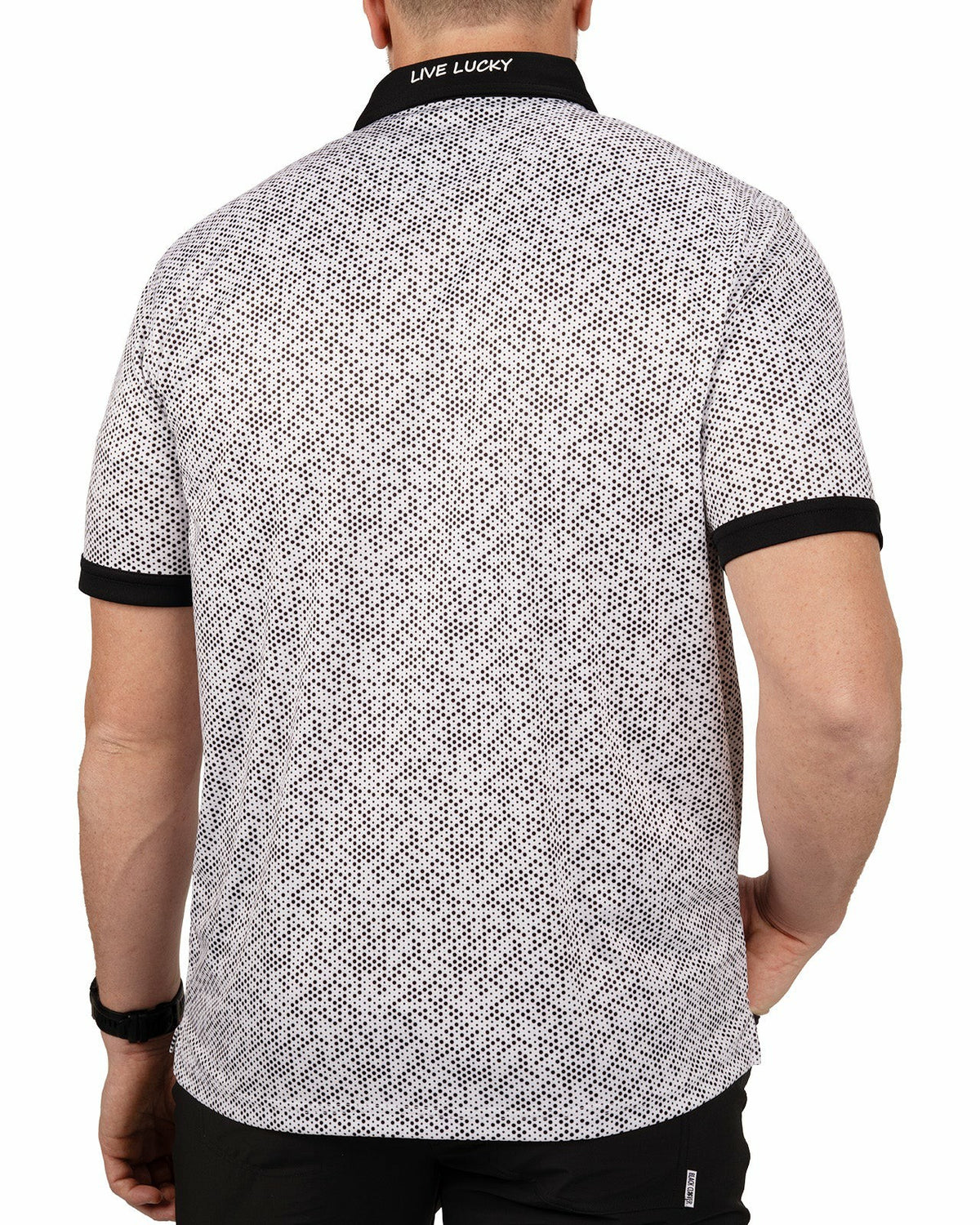 Black and White Modern Print Golf Polo with Black Collar and Placket