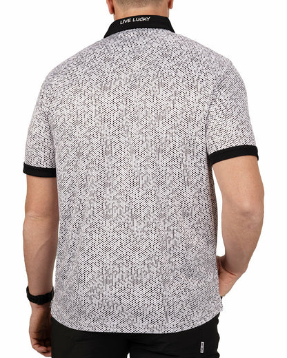 Black and White Modern Print Golf Polo with Black Collar and Placket