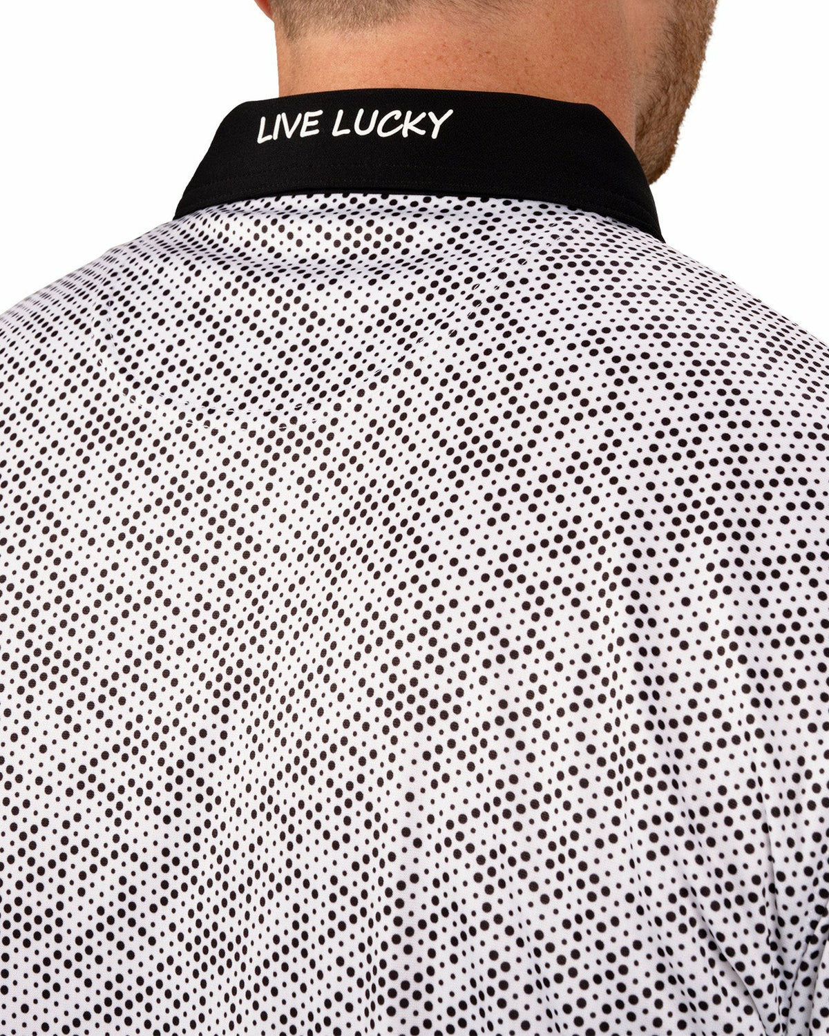 Black and White Modern Print Golf Polo with Black Collar and Placket