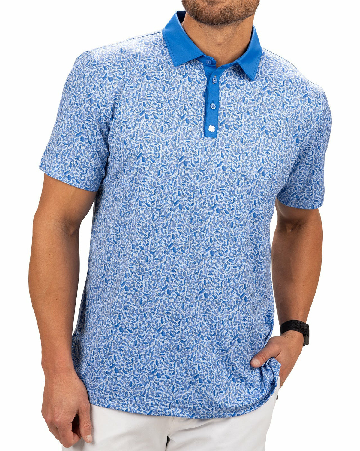 Stylish Floral-Patterned Men's Golf Polo with Solid Blue Collar and Placket