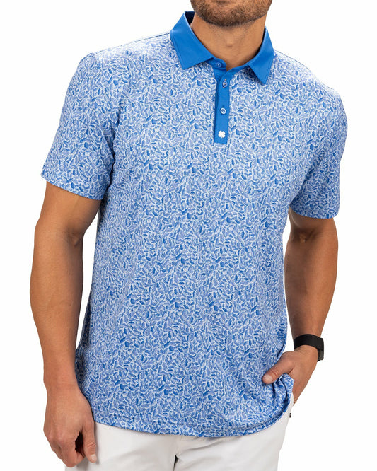 Stylish Floral-Patterned Men's Golf Polo with Solid Blue Collar and Placket