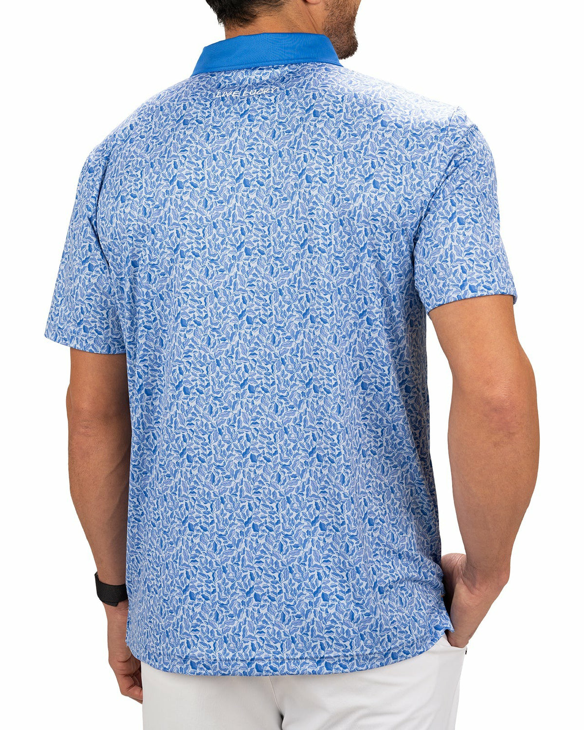 Stylish Floral-Patterned Men's Golf Polo with Solid Blue Collar and Placket