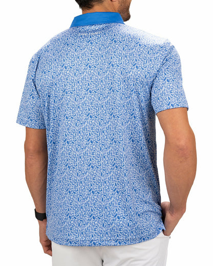 Stylish Floral-Patterned Men's Golf Polo with Solid Blue Collar and Placket