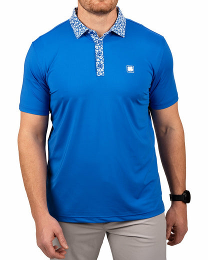 Solid Royal Blue Men's Golf Polo with Flowered Collar and Placket