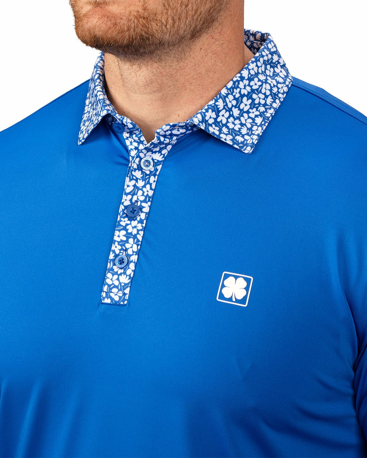 Solid Royal Blue Men's Golf Polo with Flowered Collar and Placket