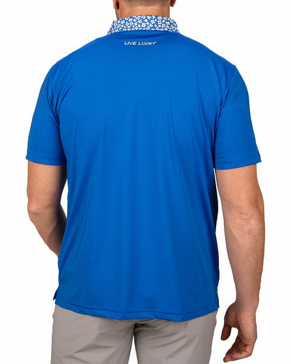 Solid Royal Blue Men's Golf Polo with Flowered Collar and Placket