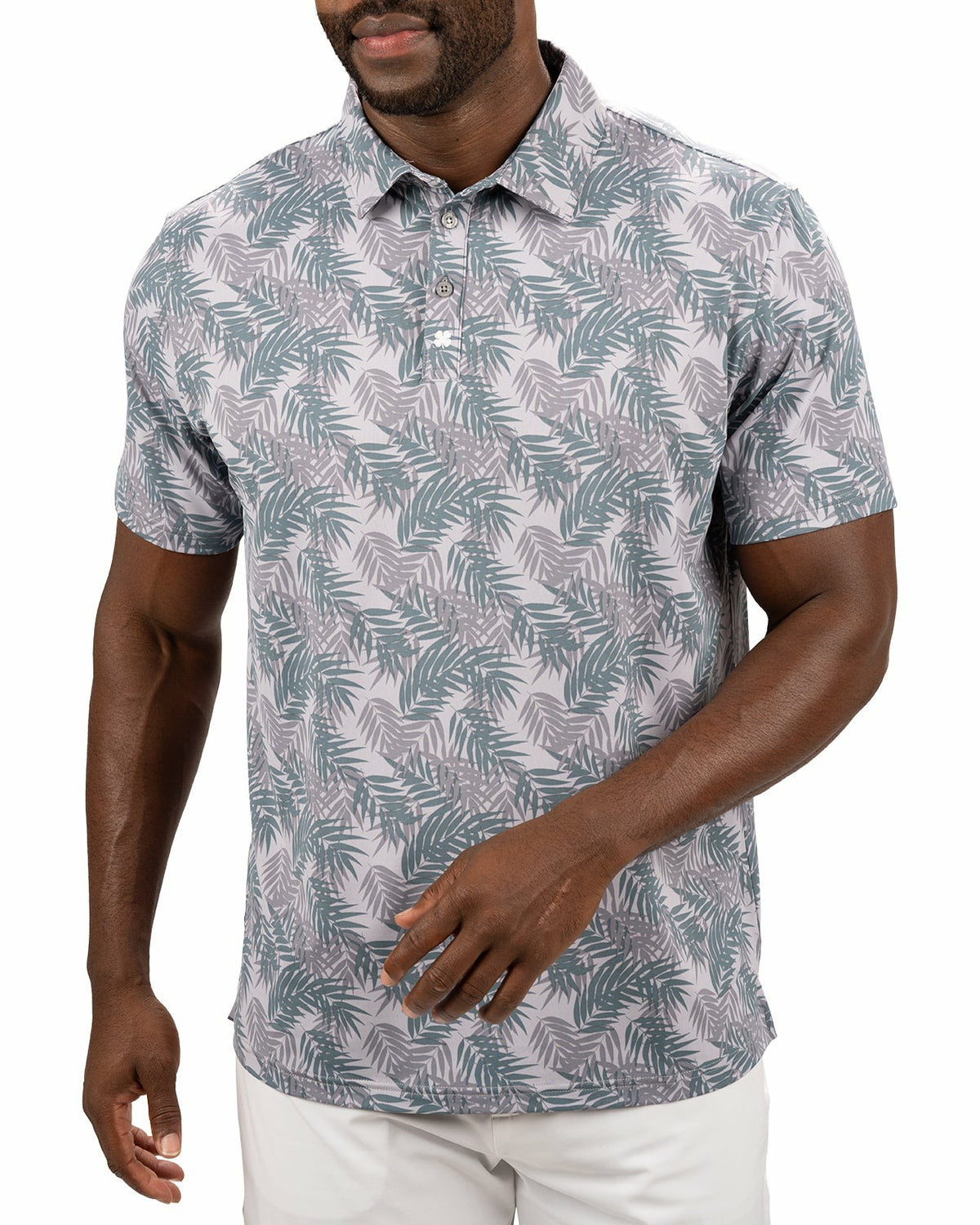 Grey and Green Tropical Palm Print Polo for Golf or Business
