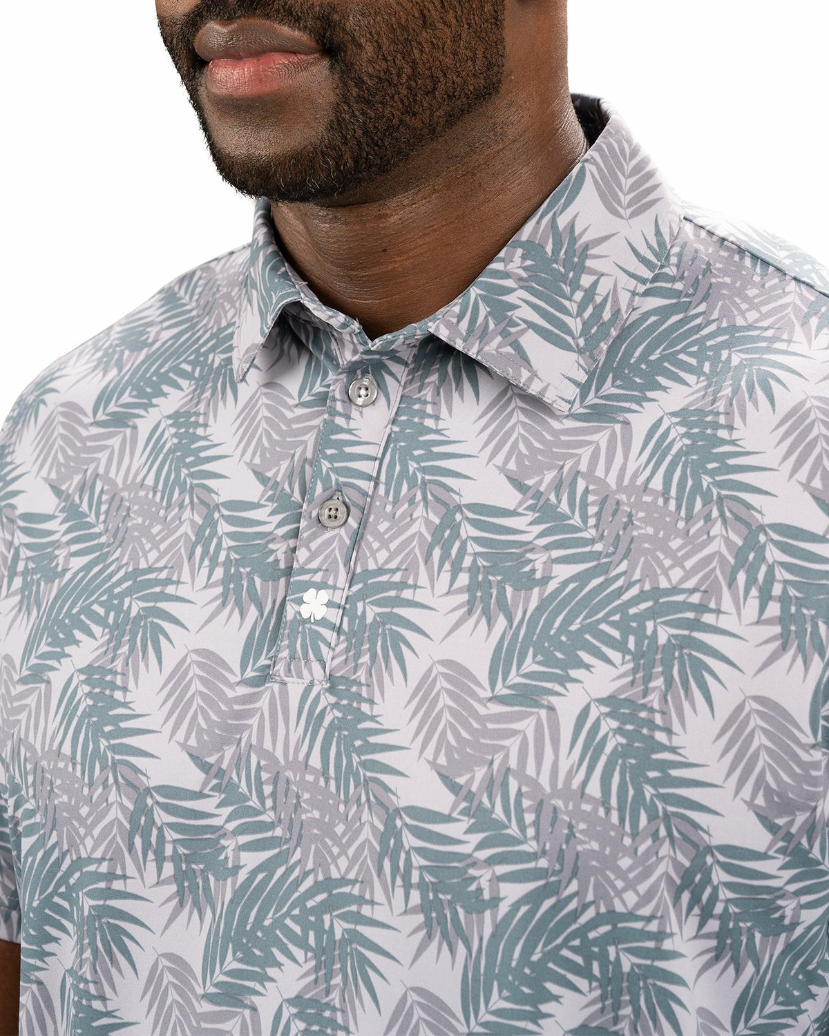 Grey and Green Tropical Palm Print Polo for Golf or Business